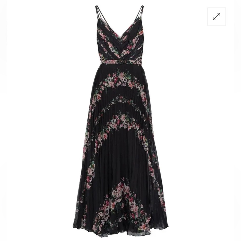 MARCHESA NOTTE Belted pleated floral-print chiffon gown